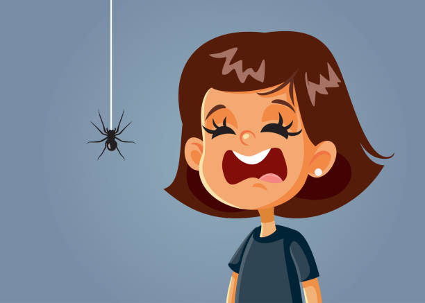 bildbanksillustrationer, clip art samt tecknat material och ikoner med rädd flicka att vara rädd för en spider vector cartoon - endast en flicka