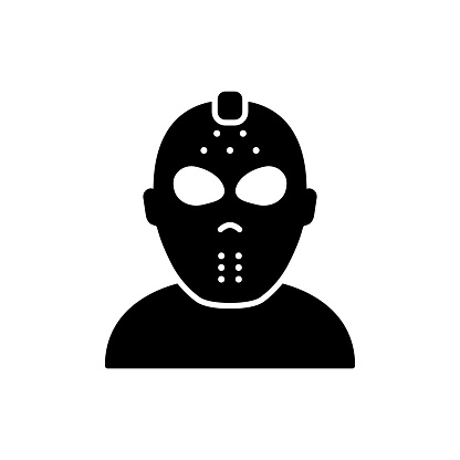Scary Black Jason Mask for Halloween Party Silhouette Icon. Dark Hockey Helmet for Goalie Safety Glyph Pictogram. Jason Mask Symbol of 13th Friday Icon. Isolated Vector Illustration