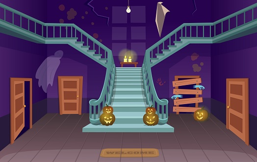 Scary house with stairs, ghosts,  doors, pumpkins. Halloween Ñartoon vector illustration.