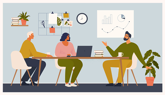 Scene at office. Men and woman sit taking part in business meeting, negotiation, brainstorming, talking to each other. Colorful vector illustration in flat cartoon style.