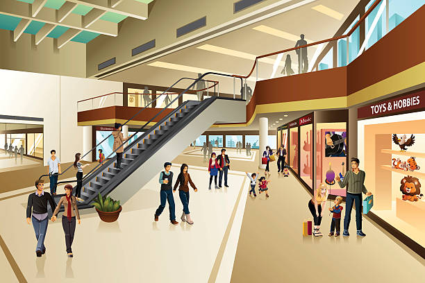 ilustrações de stock, clip art, desenhos animados e ícones de cena dentro de shopping mall - shopping