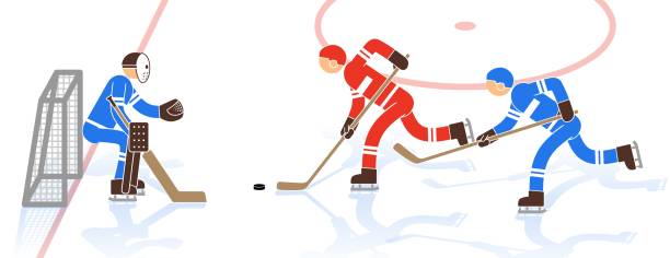 Scene of a hockey match - a striker with a puck approaches the goal Scene of a hockey match - a striker with a puck approaches the goal, the defender interferes with it. Pictogrampeople. hockey goalie stick stock illustrations