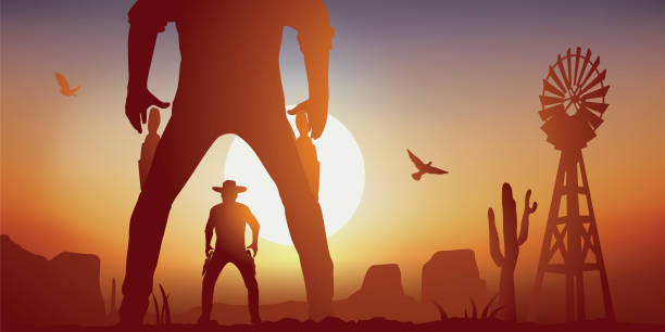 Scene of duel between two cowboys in the American western. Concept of the duel between two cowboys during the conquest of the West in the United States, with a face to face between two men ready to open fire. movie silhouettes stock illustrations