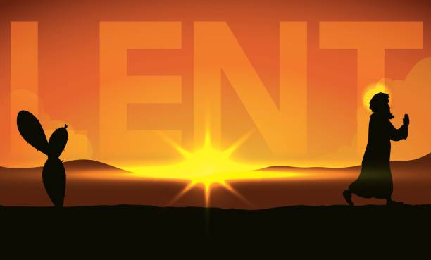 Scene of Pilgrimage of Christ across the Desert in Lent Banner with sunset scene for Lent pilgrimage and penance of Christ across the desert for 40 days. lent stock illustrations