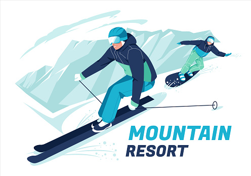 Scene of skier and snowboarder skiing on snow-covered mountain slopes or slopes. Outdoor winter sports. Cartoon flat vector illustration.