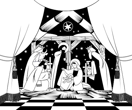 Scene of the Nativity of Christ and Adoration of the Magi in frame of a theatrical curtain in black and white