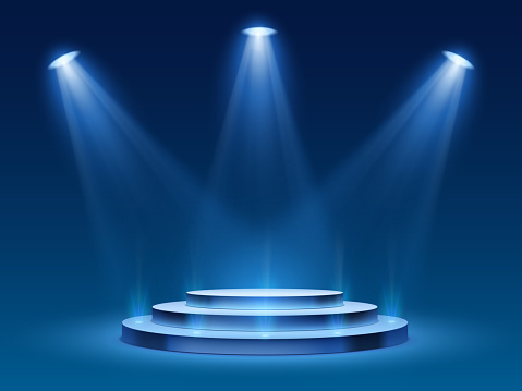 Scene podium with blue light. Stage platform with lighting for award ceremony, illuminated pedestal for presentation shows, vector image