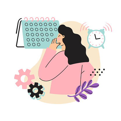 Scene with Woman thinks about time management. Vector illustration in flat style. Objects isolated on white background. Use for business web sites, presentations, information posts.