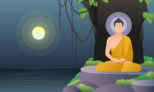 scenery the lord Buddha meditation under bodhi tree near the river and fullmoon night cartoon vector illustration