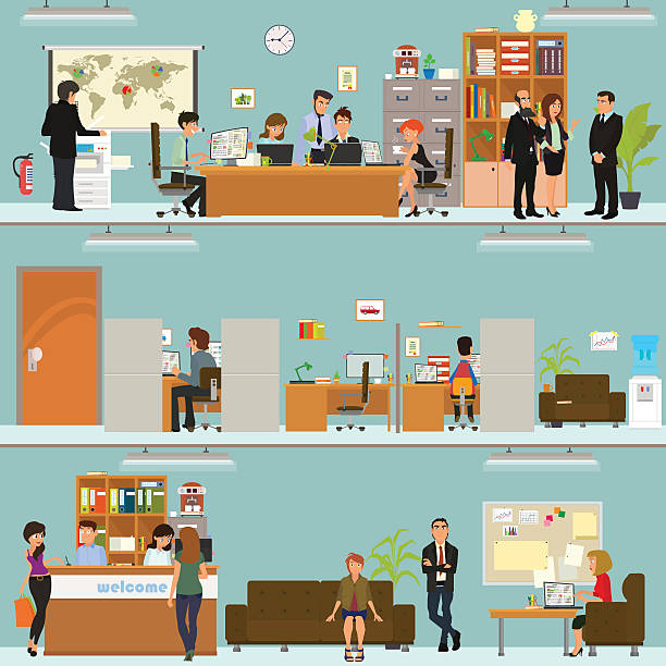 scenes of people working in the office - office background stock illustrations