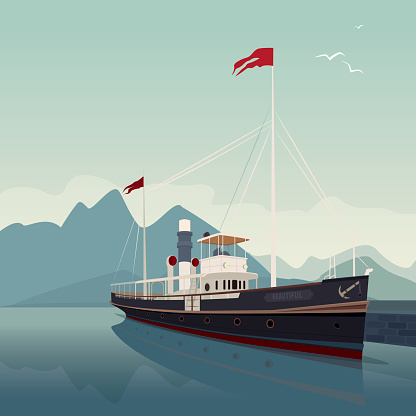 Scenic area with old cruise ship in style of retro steamer, at pier, on clear day. In the background is natural mountain landscape. Realistic flat style. Square size
