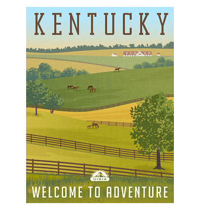 Kentucky, United States retro travel poster or sticker. Scenic farm landscape with rolling hills, horses and fences and stable. Vector illustration.