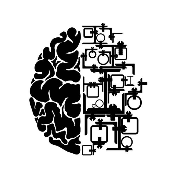 Schematic representation of the human brain. One hemisphere made of rolled metal. Industrial or mechanical logo or emblem. Schematic representation of the human brain. One hemisphere made of rolled metal. Industrial or mechanical logo or emblem manufacturing silhouettes stock illustrations