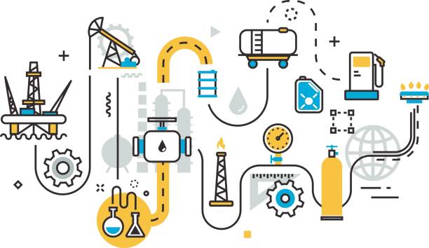 ilustraciones, imágenes clip art, dibujos animados e iconos de stock de esquema de proceso de la industria de petróleo gas producción de banner web - gas pump