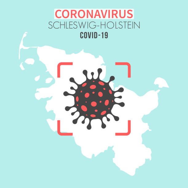 schleswig-holstein karte mit einer coronaviruszelle (covid-19) im roten sucher - schleswig holstein stock-grafiken, -clipart, -cartoons und -symbole