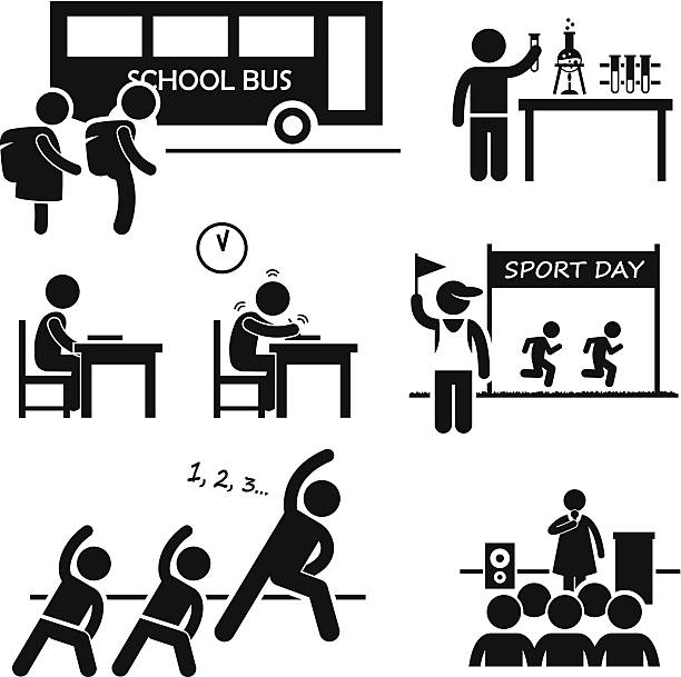School Activity Event Student Stick Figure Pictogram Icon Clipart A set of pictograms representing school activities by school children. laboratory silhouettes stock illustrations