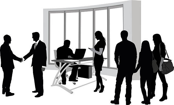 School Administration Services A vector silhouette illustration of a busy school office with several people going about their business including young men greeting shaking hands, a man working at a desk computer, a young woman using her cell phone, and a group of three male and female students standing and socializing. office silhouettes stock illustrations