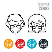 An icon of a school aged boy and girl wearing a face mask to protect against COVID-19. The icon includes editable strokes or outlines using the EPS vector file.
