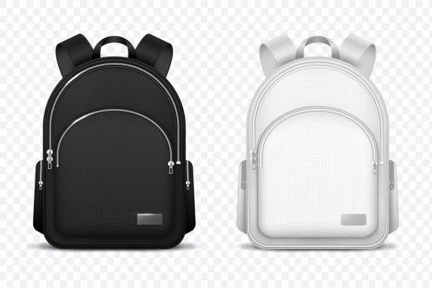 School backpack. Black and white rucksack. Front view travel bag. 3d vector mockup isolated vector art illustration