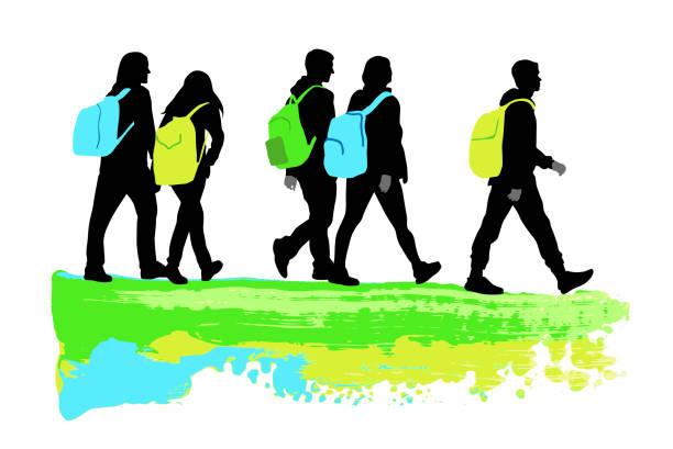 School Backpack Journey Teenagers going back to school in vector silhouette with bright colored backpacks education silhouettes stock illustrations