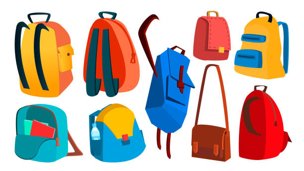 학교 배낭 벡터를 설정합니다. 교육 개체입니다. 아이 장비. 다채로운 schoolbag입니다. 격리 된 만화 일러스트 레이 션 - 배낭 stock illustrations