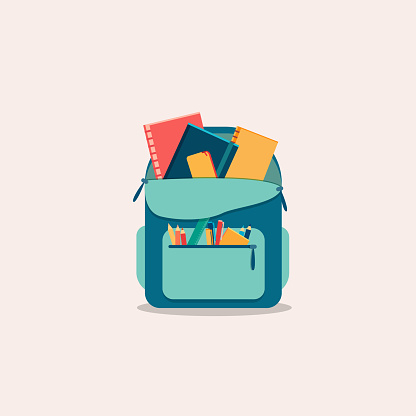 School backpack with stationery. Vector, flat illustration.
