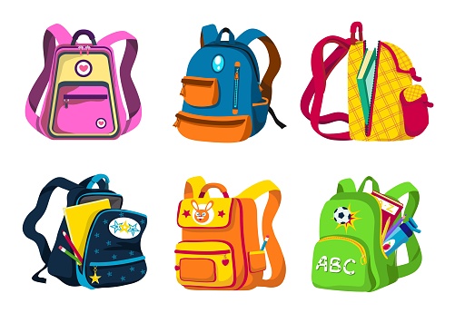School backpacks, stylish rucksacks for schoolchildren, preschool or college. Vector cartoon set