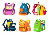School and preschool backpacks for children, various colors, angles (front, side view), open and closed. Colorful rucksacks with textbooks, notebooks, pencils, bottles. Vector cartoon set