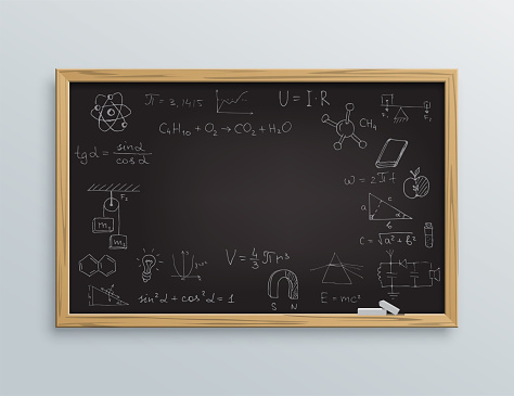 School blackboard with formulas. Board with math, physics, chemistry, algebra and geometry equations and illustrations with wooden frame vector. Education and ideas in science