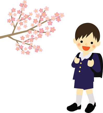School Boy With Blooming Cherry Blossoms Stock Illustration - Download ...