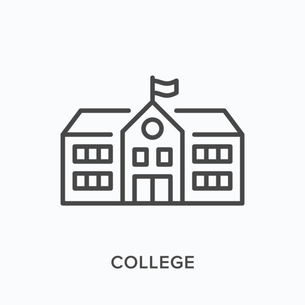 okul binası düz çizgi simgesi. kolej, üniversite kampüsü vektör anahat illüstrasyon. okul binası ince doğrusal piktogram - school stock illustrations