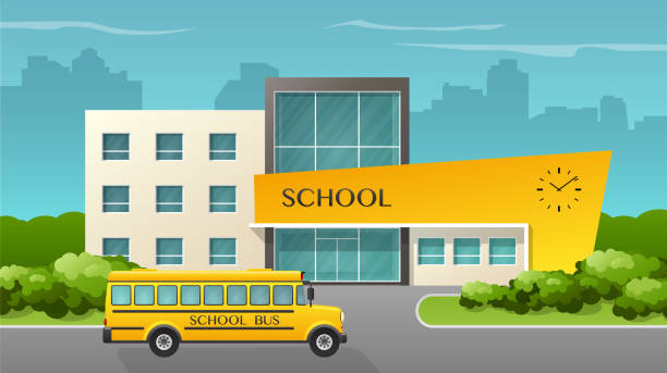 School building Flat style vector illustration of school building and bus. school building stock illustrations