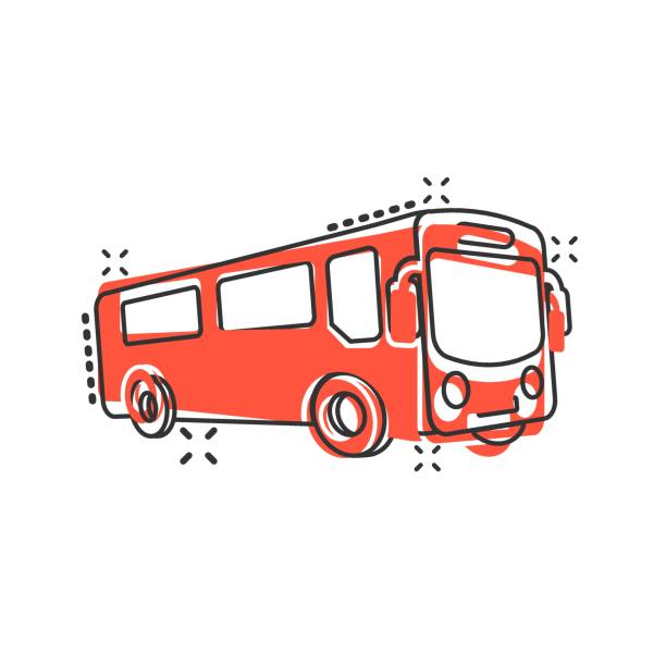 bildbanksillustrationer, clip art samt tecknat material och ikoner med skolbuss ikon i tecknad stil. autobus vektor tecknad illustration på vit isolerad bakgrund. coach transport affärsidé stänk effekt. - public transport
