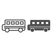 istock School bus line and solid icon. Public transport sign. Transportation vector design concept, outline style pictogram on white background. 1208832016
