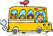 Cartoon School Bus with Children and Driver