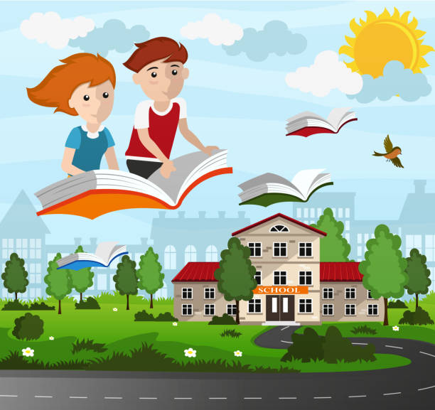 School children flying on a book vector art illustration