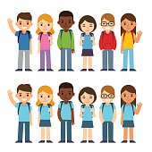 Set of diverse children with backpacks in school uniform and casual clothes. Cute cartoon simple flat vector style. Back to school illustration.