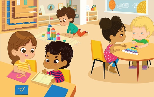 School Class. Vector illustrations of children in the playroom, boys and girls involved in activities and make Fun. Vector illustration for poster, banner.