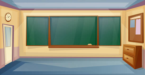책상과 보드가있는 학교 교실 인테리어. 단원. 빈 대학 방. 벡터 만화 - classroom stock illustrations