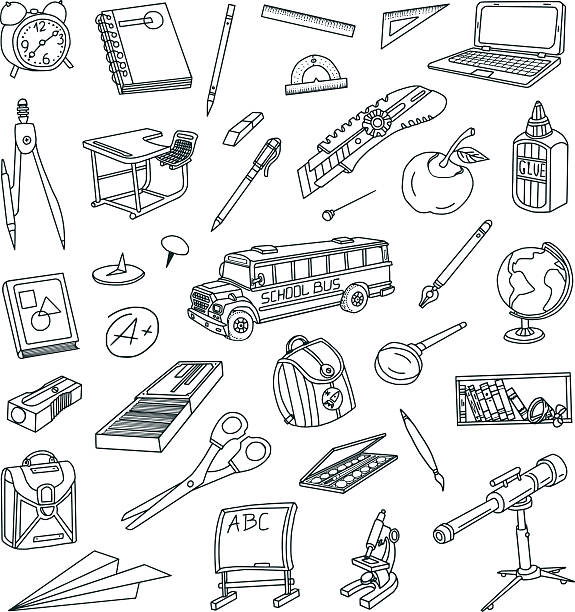 School Doodles School Doodles set. Vector illustration.  drawing of a bookshelf stock illustrations