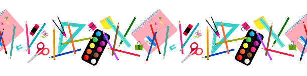 School elements seamless border, banner pattern design. Back to scholl concept design with compasses, colored crayons, erasers, scissors, paper clips, sharpener, ruler, notebook, watercolor School elements seamless border, banner pattern design. Back to scholl concept design with compasses, colored crayons, erasers, scissors, paper clips, sharpener, ruler, notebook, watercolor teacher borders stock illustrations