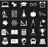 Back to school. Collection of school and education icons. Flat symbols with long shadows. Vector illustration.