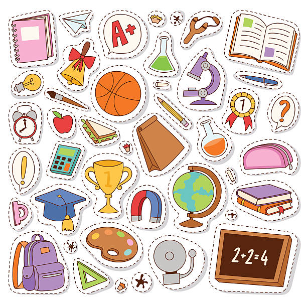 ilustrações de stock, clip art, desenhos animados e ícones de school icons vector stickers. - sala de aula universidade arte