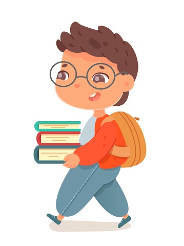 School kid going to study. Happy boy walking with books in hands. Learning and primary education vector illustration. Cute schoolchild with backpack