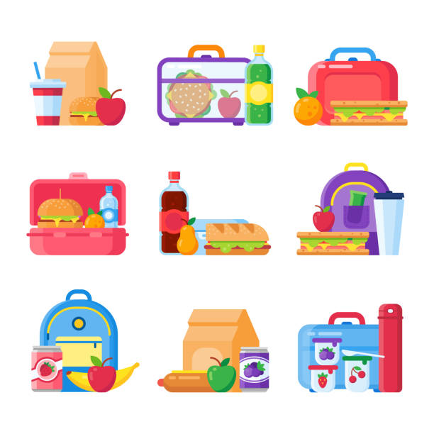 School kid lunch box. Healthy and nutritional food for kids in lunchbox. Sandwich and snacks packed in schoolkid meal bag vector icons School kid lunch box. Healthy and nutritional food meals for kids breakfast in lunchbox plastic fruit bags of apples. Sandwich and snacks packed in schoolkid meal break bag vector isolated icons set lunch box stock illustrations