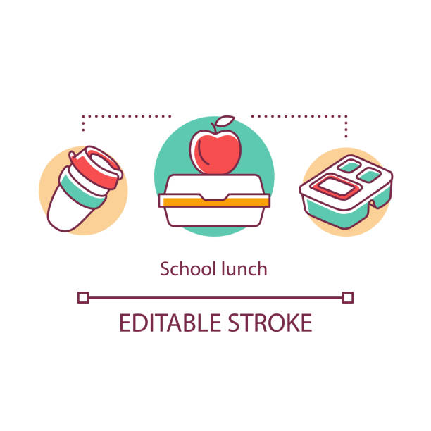 School lunch concept icon. Meal, snacks for pupils, students during break. Lunch box, red apple, disposable plastic cup thin line illustration. Vector isolated outline drawing. Editable stroke School lunch concept icon. Meal, snacks for pupils, students during break. Lunch box, red apple, disposable plastic cup thin line illustration. Vector isolated outline drawing. Editable stroke lunch box stock illustrations