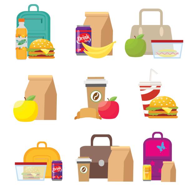 stockillustraties, clipart, cartoons en iconen met lunch voedsel dozen en kinderen schooltassen. vector, illustratie in vlakke stijl geïsoleerd op een witte achtergrond eps10. - lunch
