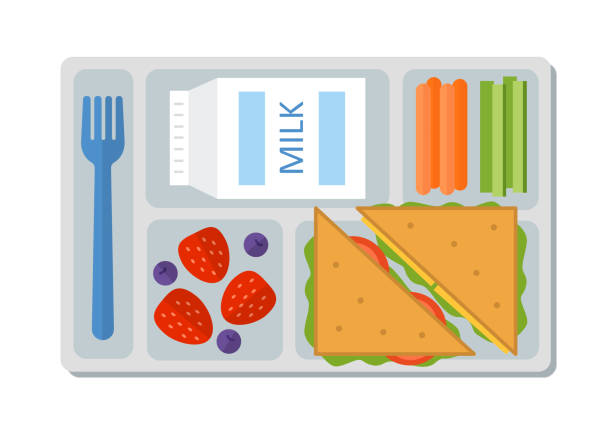 School lunch in flat style School lunch with a sandwich, fresh berries, vegetables and milk. Flat style. Vector illustration. tray stock illustrations