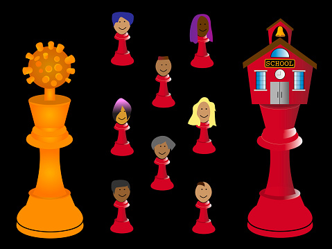 School chess piece, COVID-19 chess piece, and students as chess pieces, symbolizing struggles between school openings and unions during pandemic. vector