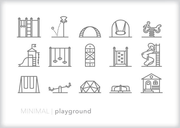School playground line icon set School or park playground equipment line icons including jungle gym, slide, playhouse, swings, teeter totter, climbing wall, funnel ball, merry go round, hopscotch recess stock illustrations